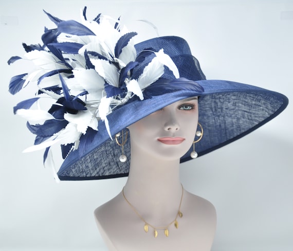 Navy custom floral fancy Derby hat, handmade Wide Brim Sinamay Derby Hat: Ivory, Blue Silk Flowers - Etsy main image 3