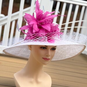 Wide Brim Sinamay Hat Church Kentucky Derby Hat Carriage Tea Party Wedding Hat Royal Ascot Race Oaks day ha White w Hot Pink Powder Blue