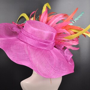 Hot Pink w Lemon Yellow Turquoise Red Kentucky Derby Hat, Tea Party Hat Wide Brim Sinamay Hat image 3