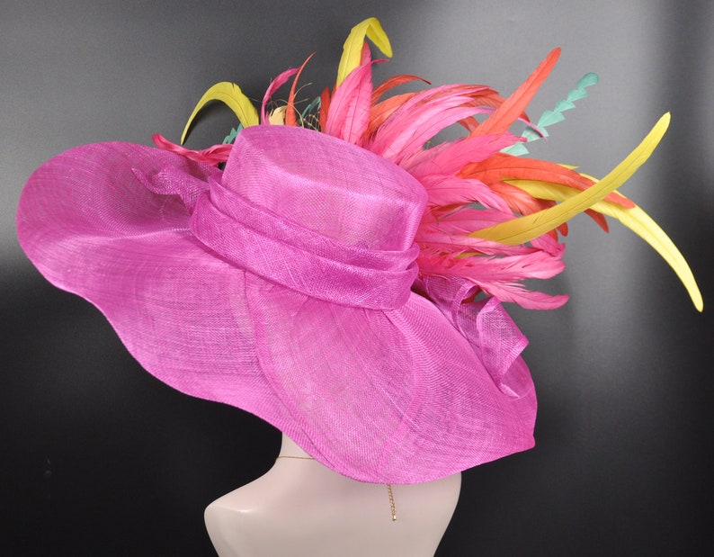 Hot Pink w Lemon Yellow Turquoise Red Kentucky Derby Hat, Tea Party Hat Wide Brim Sinamay Hat image 3