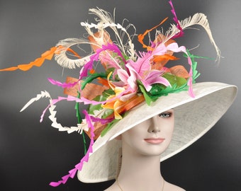 Church Kentucky Derby Hat Carriage Tea Party Wedding Wide Brim Sinamay Hat Off White /Orange Green Pink Hot Pink Lily Flower