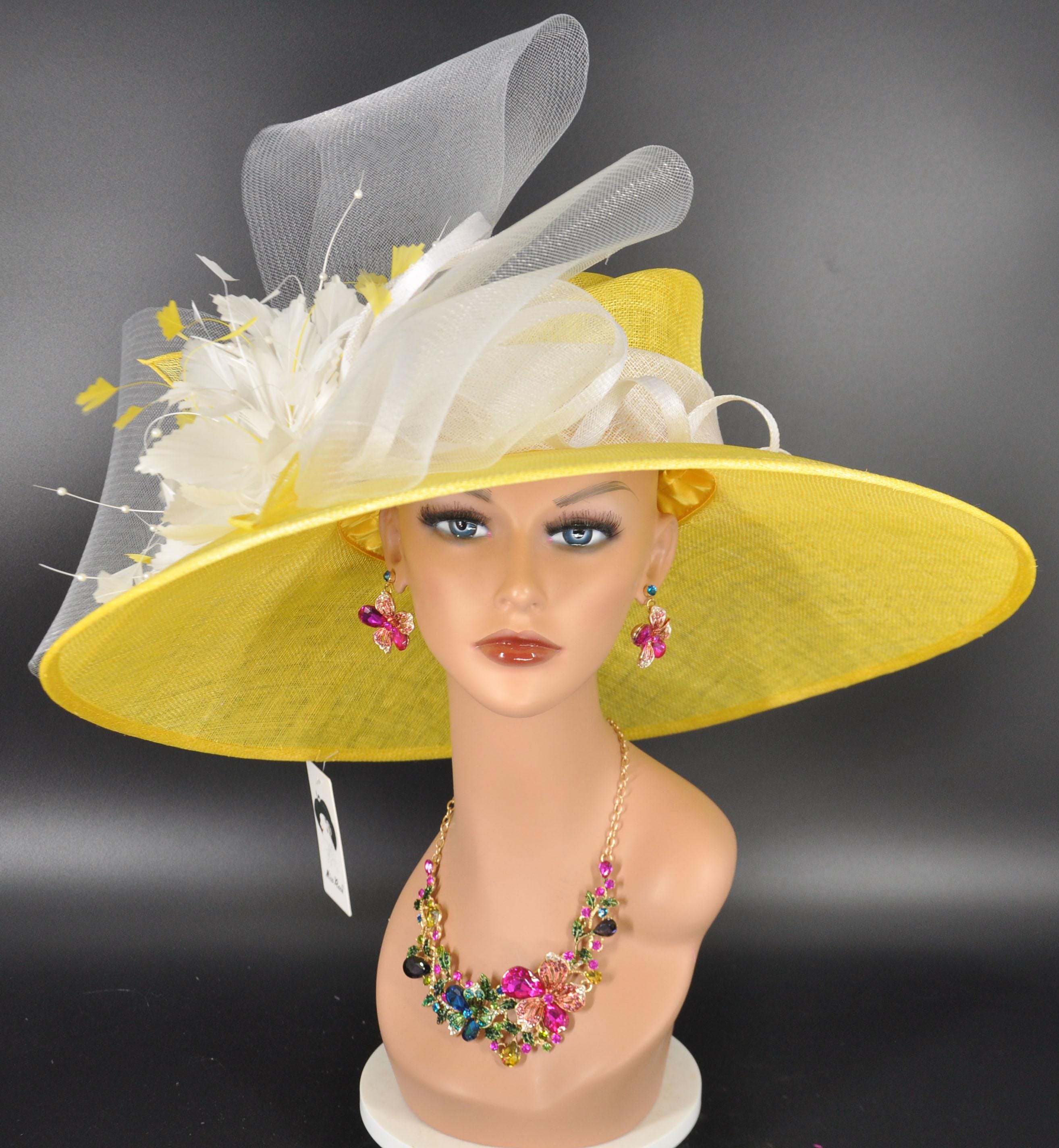 Church Kentucky Derby Hat Carriage Tea Party Wedding Wide Brim Sinamay Hat Yellow w White