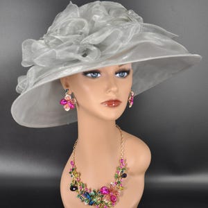 Medium Brim  One Flower Gray/ Silver  for Church, Wedding, Tea Party, Kentucky Derby Hat Medium Brim Organza Hat