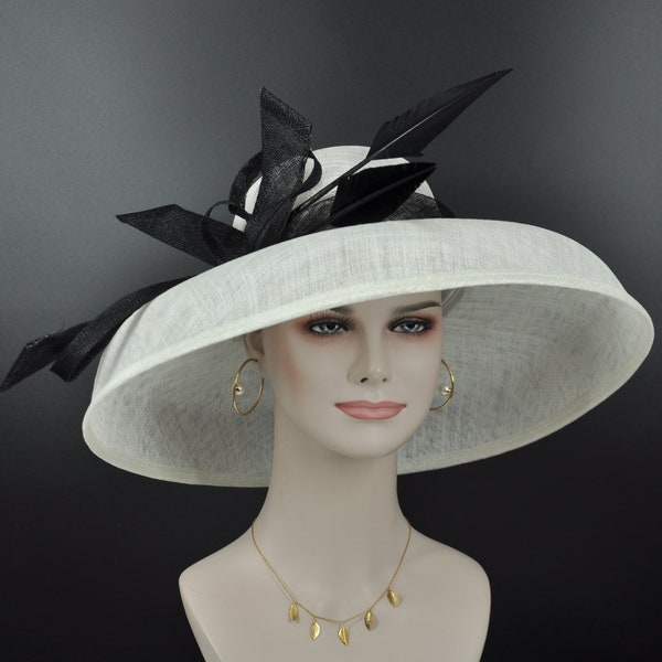 Audrey Hepburn Style Dome Hat Kentucky Derby Hat Tea Party Carriage Party  3 Layers  Wide Brim  Sinamay Hat White w Black