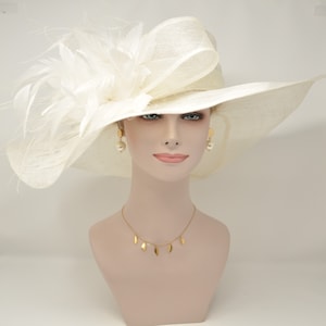 off White/ Ivory w  Feather Flower Kentucky Derby Hat, Church Hat, Wedding Hat, Easter Hat,  Wide Brim  Sinamay  Hat