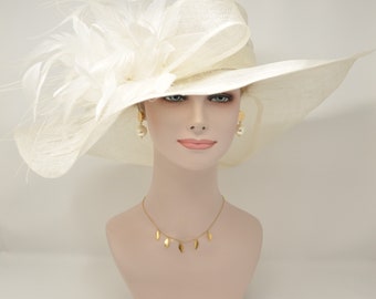 off White/ Ivory w  Feather Flower Kentucky Derby Hat, Church Hat, Wedding Hat, Easter Hat,  Wide Brim  Sinamay  Hat