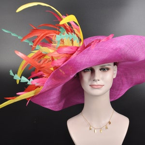 Hot Pink w Lemon Yellow Turquoise Red Kentucky Derby Hat, Tea Party Hat Wide Brim Sinamay Hat image 5