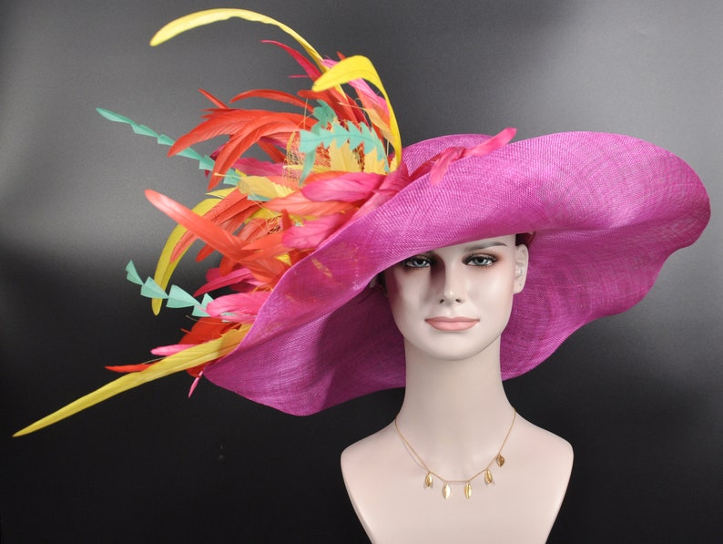 Hot Pink w Lemon Yellow Turquoise Red Kentucky Derby Hat, Tea Party Hat Wide Brim Sinamay Hat image 5