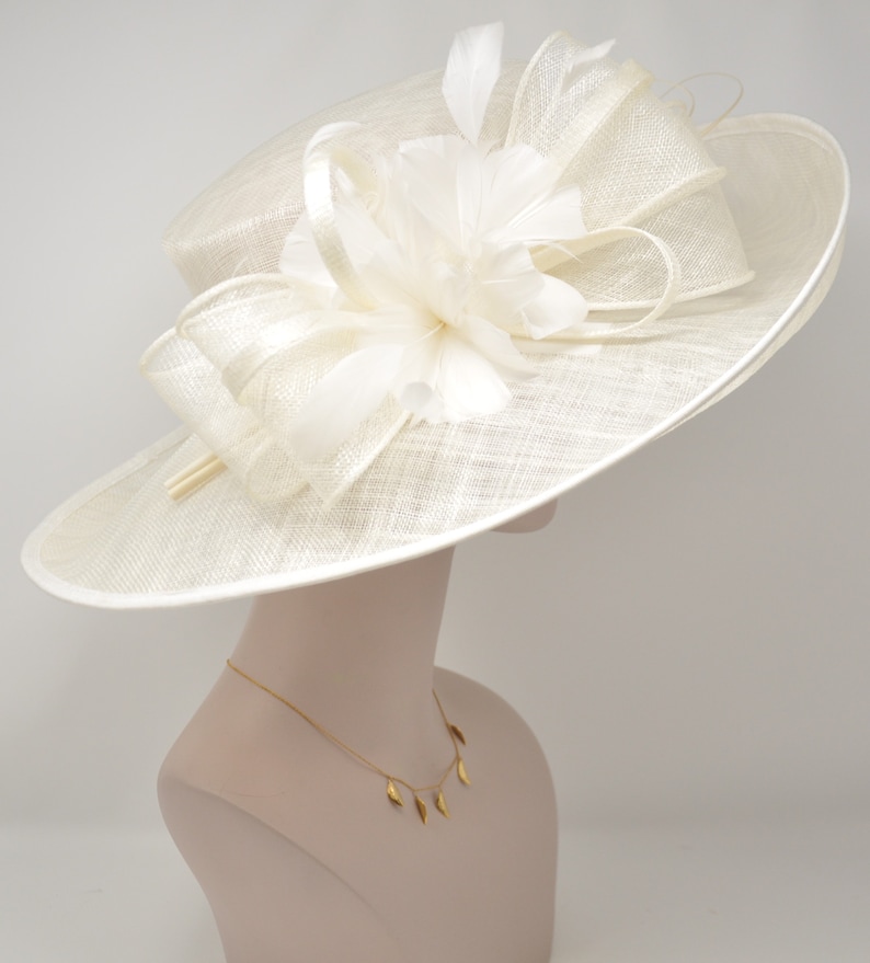 Church Kentucky Derby Hat Carriage Tea Party Wedding Wide Brim Royal Ascot Horse Race Oaks day hat Off White/Ivory image 4