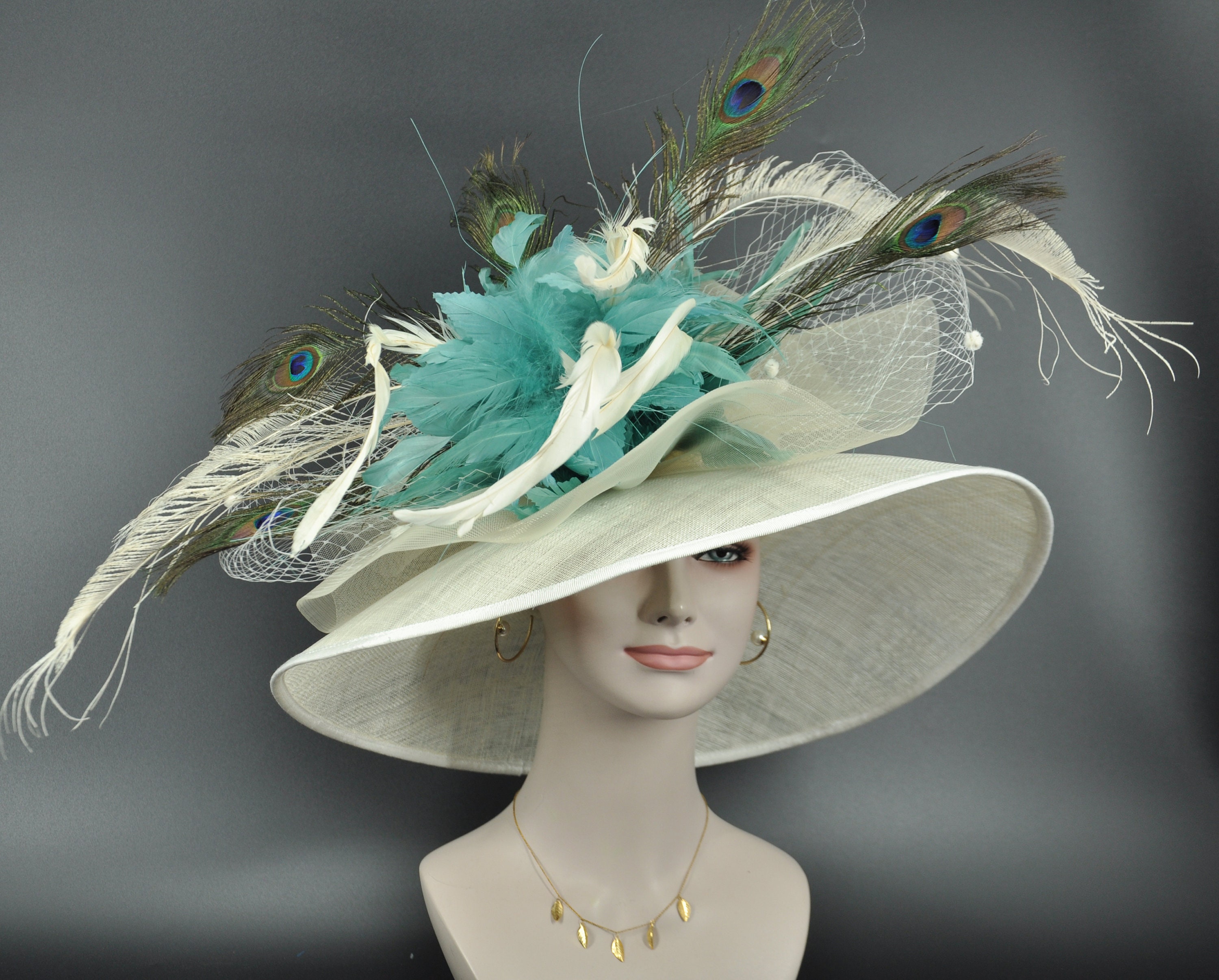 New Kentucky Derby Hat Turquoise Oaks Wide Brim Sinamay Boater Pom Pom Band Hat Black Wide Brim Sinamay Hat Church Kentucky Derby Hat  main image 4