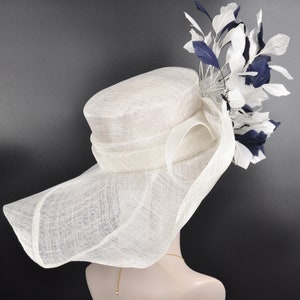 White w Navy Blue Feather Flower Kentucky Derby Hat, Church Hat, Wedding Hat, Easter Hat, Tea Party Hat Wide Brim Sinamay Hat image 5