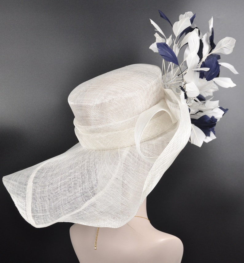 White w Navy Blue Feather Flower Kentucky Derby Hat, Church Hat, Wedding Hat, Easter Hat, Tea Party Hat Wide Brim Sinamay Hat image 5