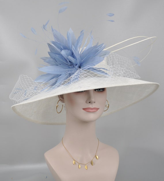Wide Brim Sinamay Hat Church Kentucky Derby Hat Carriage Tea Party Wedding Hat Royal Ascot Horse Race Oaks Day Hatwhite W Light Blue Etsy