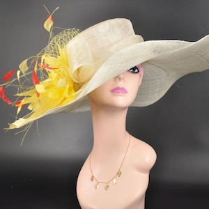 off White/ Ivory w Yellow Red  Feather Flower Kentucky Derby Hat, Church Hat, Wedding Hat, Easter Hat,  Wide Brim  Sinamay  Hat