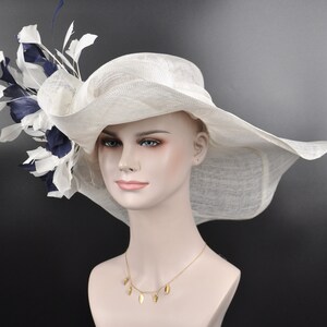 White w Navy Blue Feather Flower Kentucky Derby Hat, Church Hat, Wedding Hat, Easter Hat, Tea Party Hat Wide Brim Sinamay Hat image 3