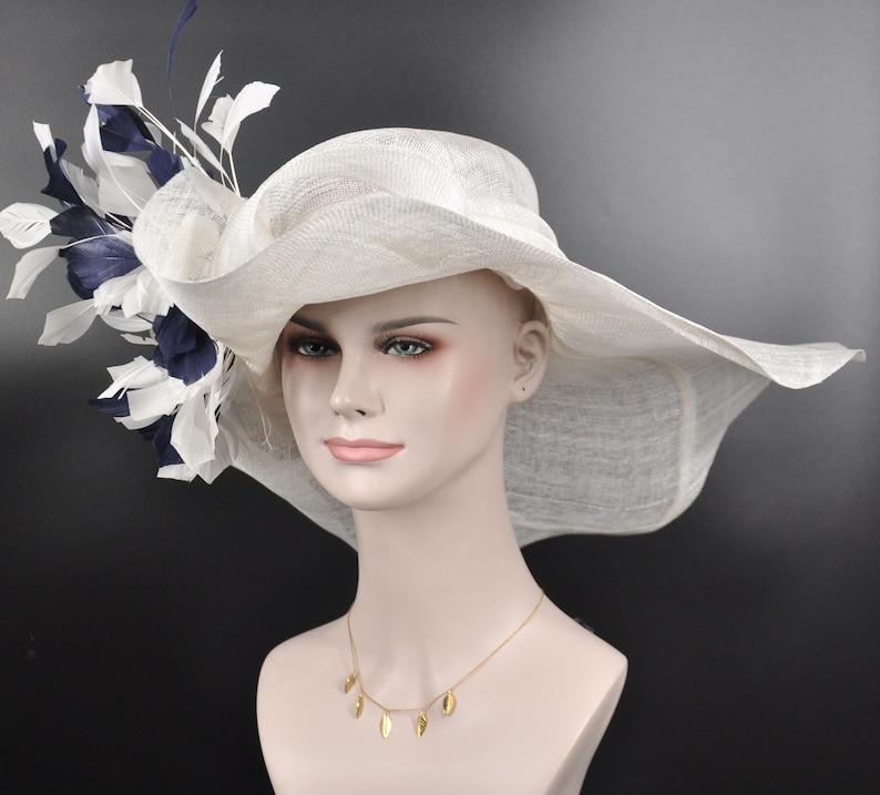 White w Navy Blue Feather Flower Kentucky Derby Hat, Church Hat, Wedding Hat, Easter Hat, Tea Party Hat Wide Brim Sinamay Hat image 3