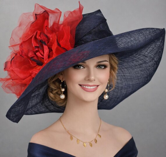 Navy Blue Wide Brim Sinamay Hat With Multi Color Silk Flower  display picture 3