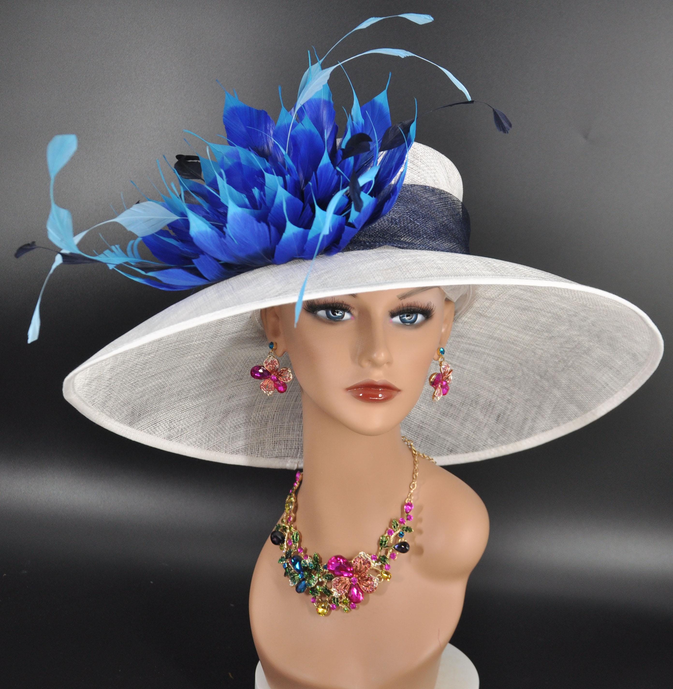White Wide Blue Feather Flower Wide Brim Kentucky Derby Hat  display picture 3