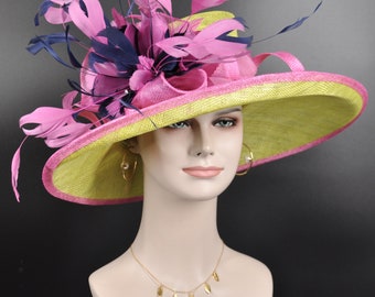 Church  Kentucky Derby Hat Carriage Tea Party Wedding Wide Brim Woman’s Royal Ascot Hat in Solid Sinamay Hat Lime Green Navy blue w Hot Pink