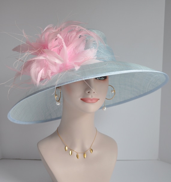 Handmade Powder Blue & Baby Pink Never Worn Derby 17” Brim Peony Floral Hat What hat or fascinator to wear with coral dress? main image 3