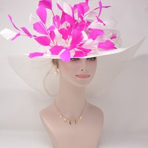 White w Hot Pink  Feather Flower Kentucky Derby Hat, Church Hat, Wedding Hat, Easter Hat, Tea Party Hat Wide Brim  Sinamay  Hat