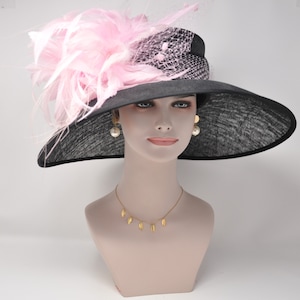 Church Kentucky Derby HatCarriage Tea Party Wedding Wide Brim  Royal Sinamay Hat Black w PinK Feather Flowers and Netting