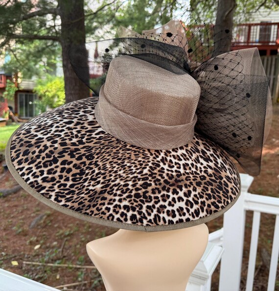 Taupe Leopard Wide Brim Sinamay Hat, Kentucky Derby Hat  display picture 2