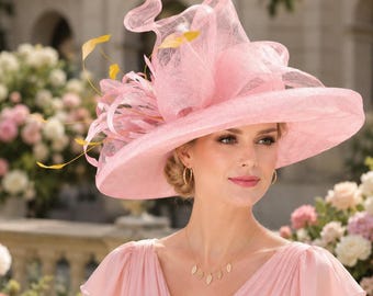 Pink Lemon Yellow Sinamay Wide Brim Hat with Big Bow & Feather Flower | Oaks Day Derby Hat, Royal Ascot, Tea Party, Mother of the Bride