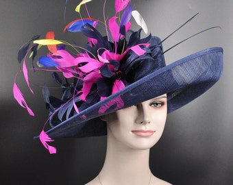 Church Kentucky Derby Hat Carriage Tea Party Wedding Wide Brim Sinamay Hat Navy Blue  W Navy Blue Fuchsia  Clolorful Feather Flower