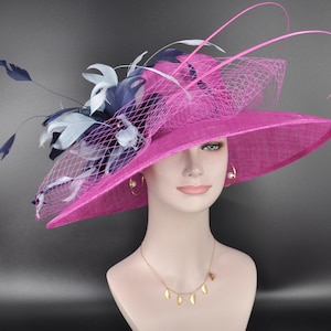 Wide Brim Sinamay Hat Church Kentucky Derby Hat Carriage Tea Party Wedding Hat Fuchsia Pink w Navy Blue Powder Blue Oaks day hat