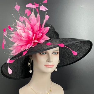 Black w Fuchsia Hot Pink and Pink Feather Flower Kentucky Derby Hat Tea Party Carriage Party  Royal AscotWide Brim  Sinamay Hat