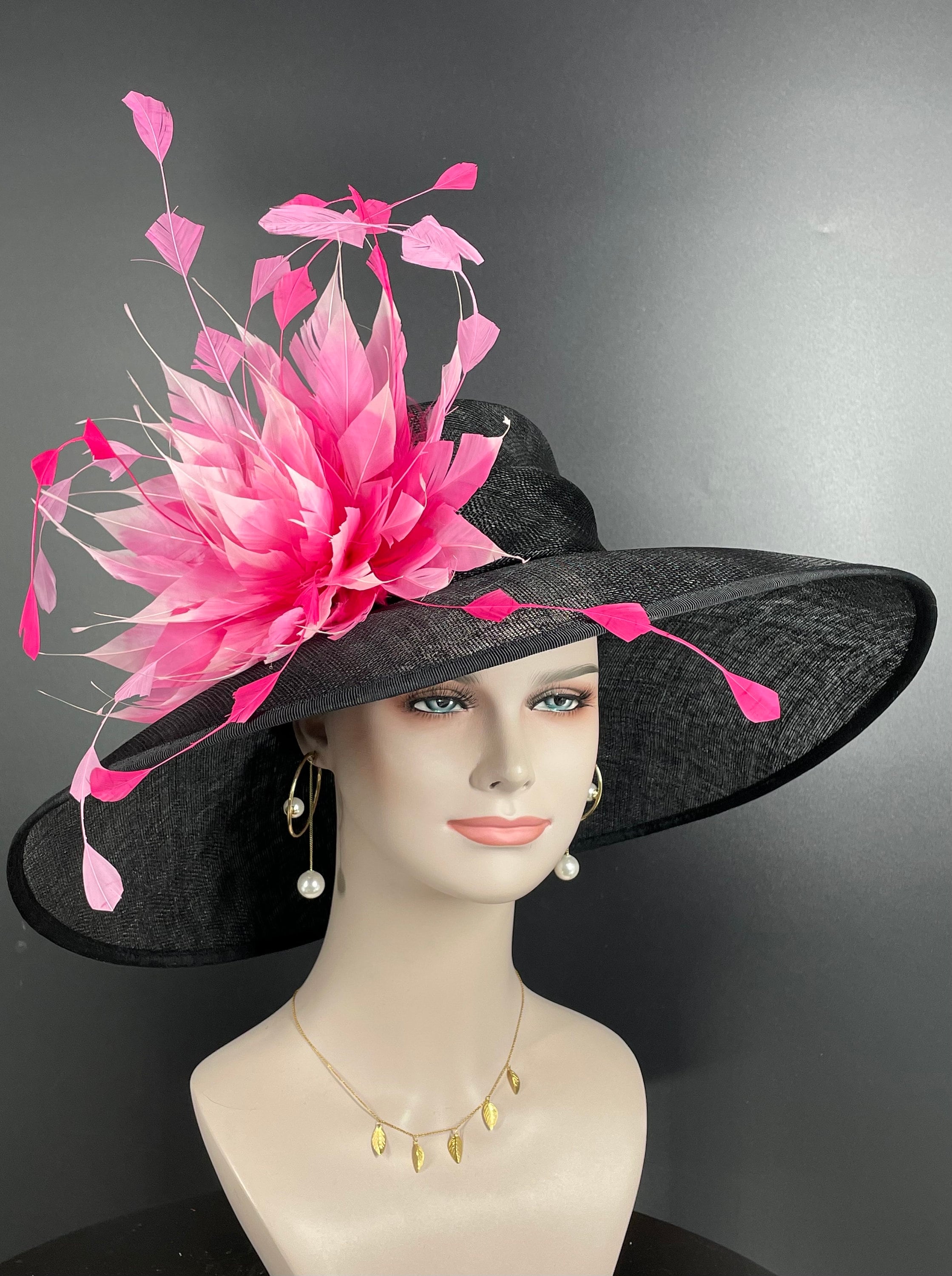 Black Sinamay Derby Hat: Fuchsia Feather Flower Wide Brim - Etsy display picture 2