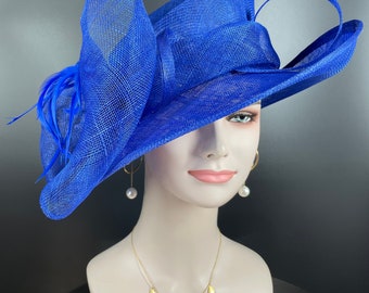 Wide Brim Kentucky Derby Floppy Sinamay Hat With Flowers  Millinery Church  Hat Royal Blue