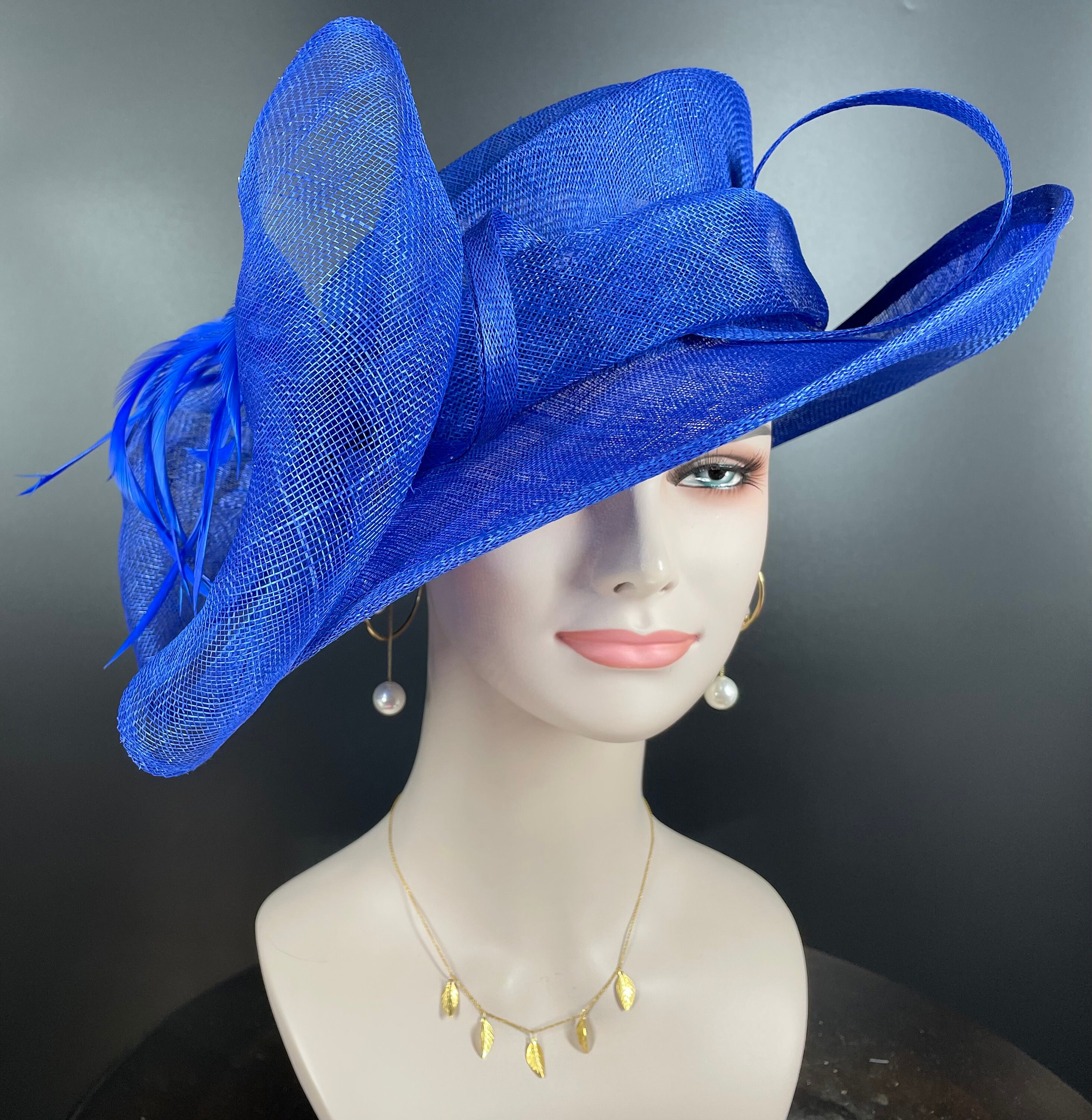Wide Brim Kentucky Derby Floppy Sinamay Hat With Flowers Millinery Church  Hat Royal Blue 