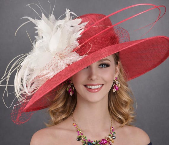 Red White Feather Flower Wide Brim Kentucky Derby Hat, Ascot  display picture 2