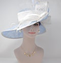 Powder Blue w White  Kentucky Derby Hat, Tea Party Carriage Party 17.5  Inches  Wide Brim  Sinamay Hat