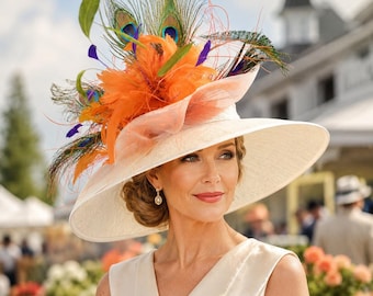 Kentucy Derby Hat Ivory/Off White Copper Orange, Aqua  Peacock Feather Wide Brim Sinamay Hat Royal Ascot Hat, Race Day Hat, Wedding Guests
