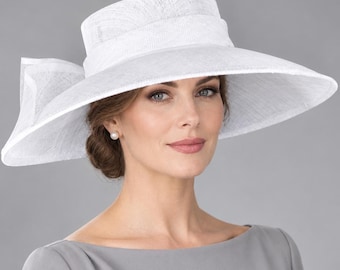 White  Wide Brim Sinamay Hat with Convertible Bow, Kentucky Derby Ascot Royal Wedding Church Garden Party Mother of the Bride Hat