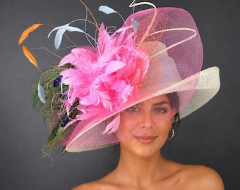 教会、ケンタッキーダービーハット、つば広シナマイハット、馬車、ティーパーティー、結婚式、アイボリー/オフホワイト、リリーピンク、パウダーブルー、オレンジ