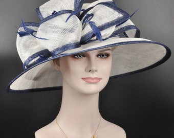 Church Kentucky Derby Hat Carriage Tea Party Wedding Wide Brim  Royal Ascot Hat in Solid Sinamay Hat White with Navy Blue