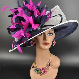 Navy Blue w White Fuchsia Pink  Kentucky Derby Hat, Church Hat, Wedding Hat, Easter Hat, Tea Party & Feathers Upturned Wide Brim Sinamay Hat
