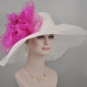 White w Fuchsia/Hot Pink Jumbo Silk Flower, Kentucky Derby hat, Church hat, Wedding hat, Tea Party hat , Floppy Wide Brim Sinamay Dress Hat