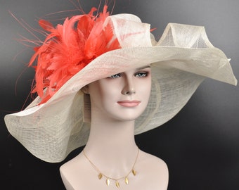 off White/ Ivory w Coral Pink  Feather Flower Kentucky Derby Hat, Church Hat, Wedding Hat, Easter Hat,  Wide Brim  Sinamay  Hat