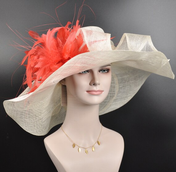 Coral Feather Derby Hat: Ivory Wide Brim Sinamay Wedding Hat  display picture 1