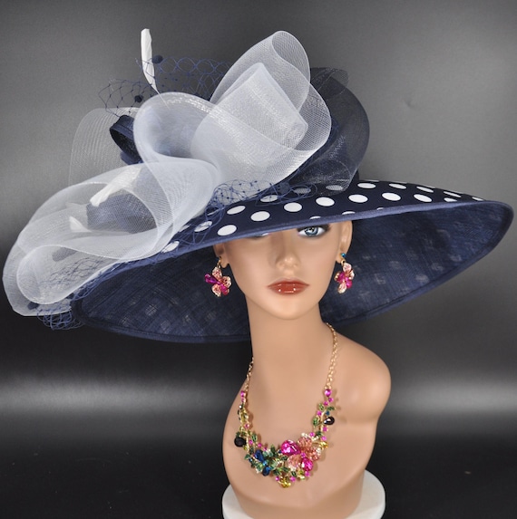 Navy Blue Polka Dot Wide Brim Sinamay Hat for Kentucky Derby  display picture 2