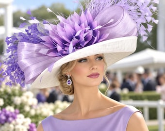 Wide Brim Kentucky Derby Hat, Ascot Hat for Wedding & Tea Party, Garden Party Hat, Mother of the Bride, Church Ivory Lilac Purple Lavender