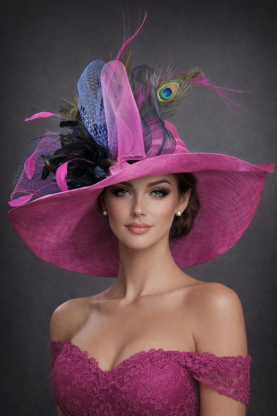 Fuchsia Pink Navy Peacock Feathers Wide Brim Sinamay Hat  display picture 3