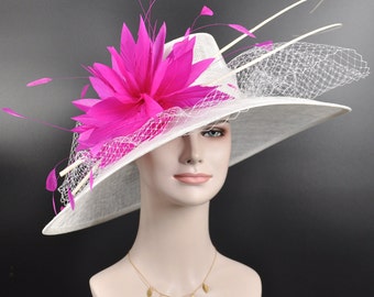 Wide Brim Sinamay Hat Church Kentucky Derby Hat Carriage Tea Party Wedding Hat Royal Ascot Horse Race Oaks day hat White w Fuchsia Pink