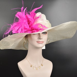 off White/ Ivory w Fuchsia Pink  Feather Flower Kentucky Derby Hat, Church Hat, Wedding Hat, Easter Hat,  Wide Brim  Sinamay  Hat