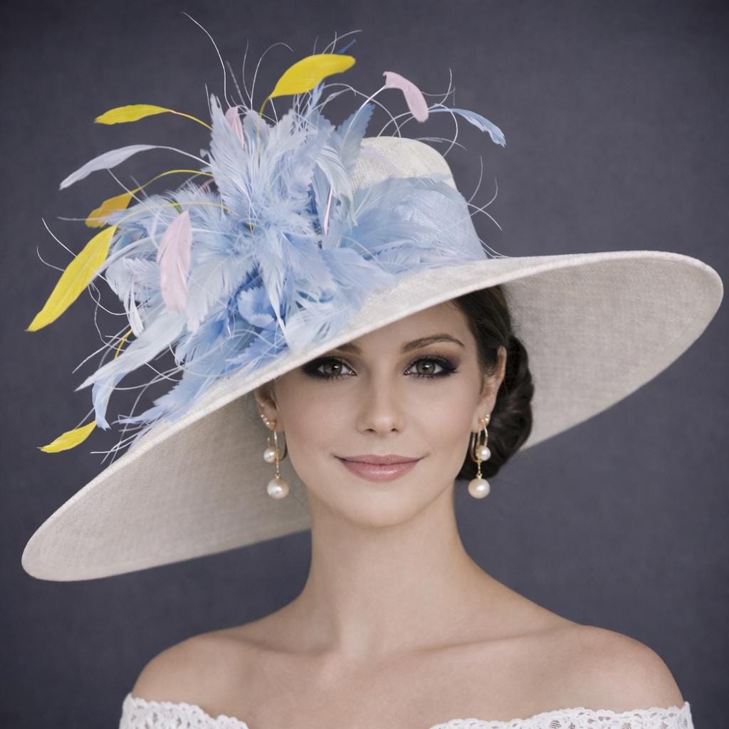 White Powder Blue Feather Flower Wide Brim Kentucky Derby  display picture 1